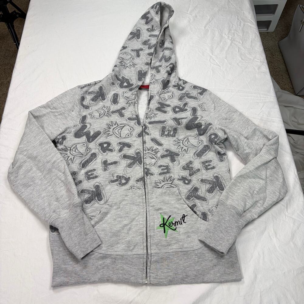The Muppets Juniors Kermit full zip hoodie. Size L 11/13. embroidered pocket